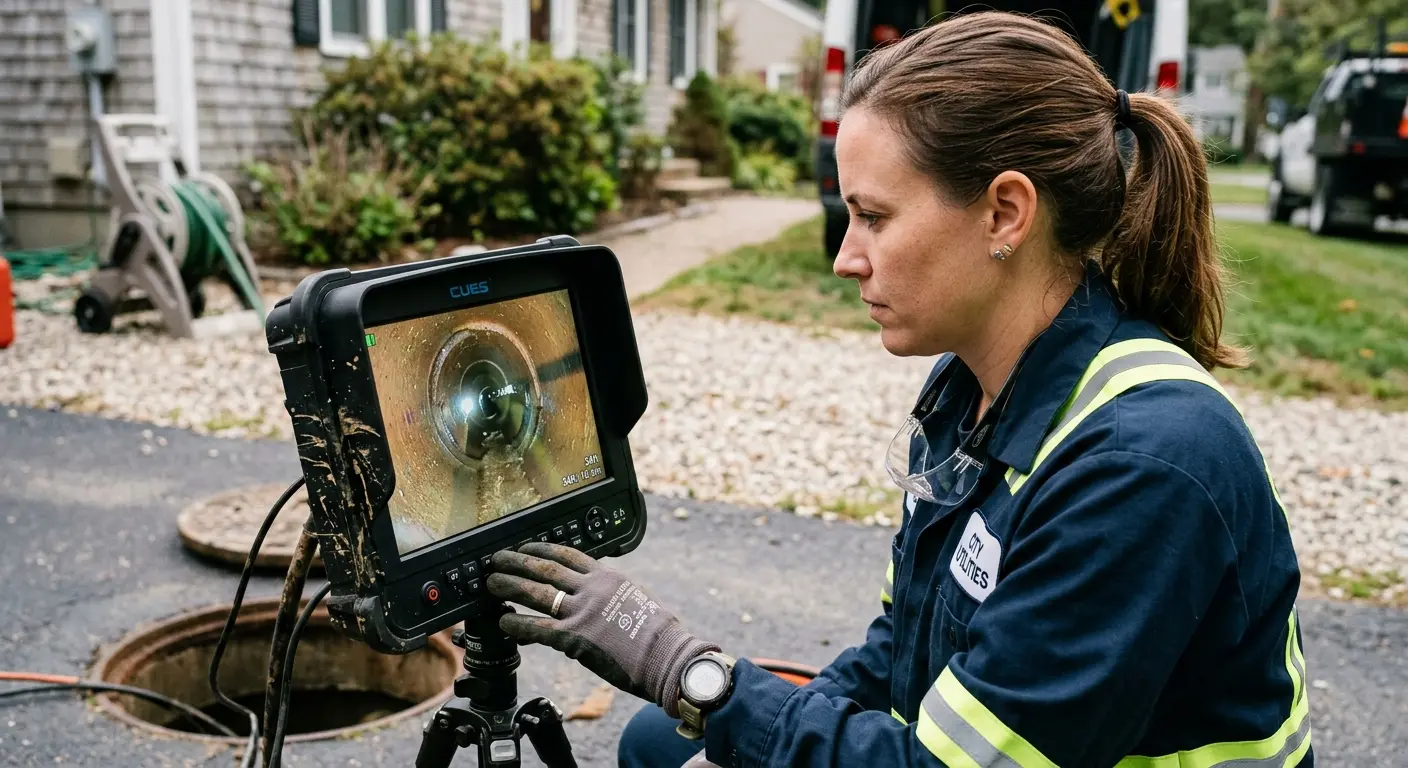 Technician reviewing sewer camera inspection footage in Millburn