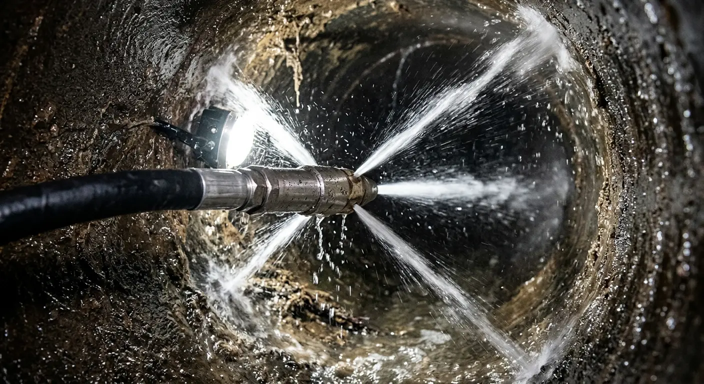High-pressure hydro jetting nozzle cleaning sewer pipe for Storm Drain Cleaning in Millburn