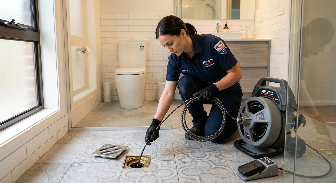 Technician clearing a bathroom floor drain for Hydro Jetting in Millburn